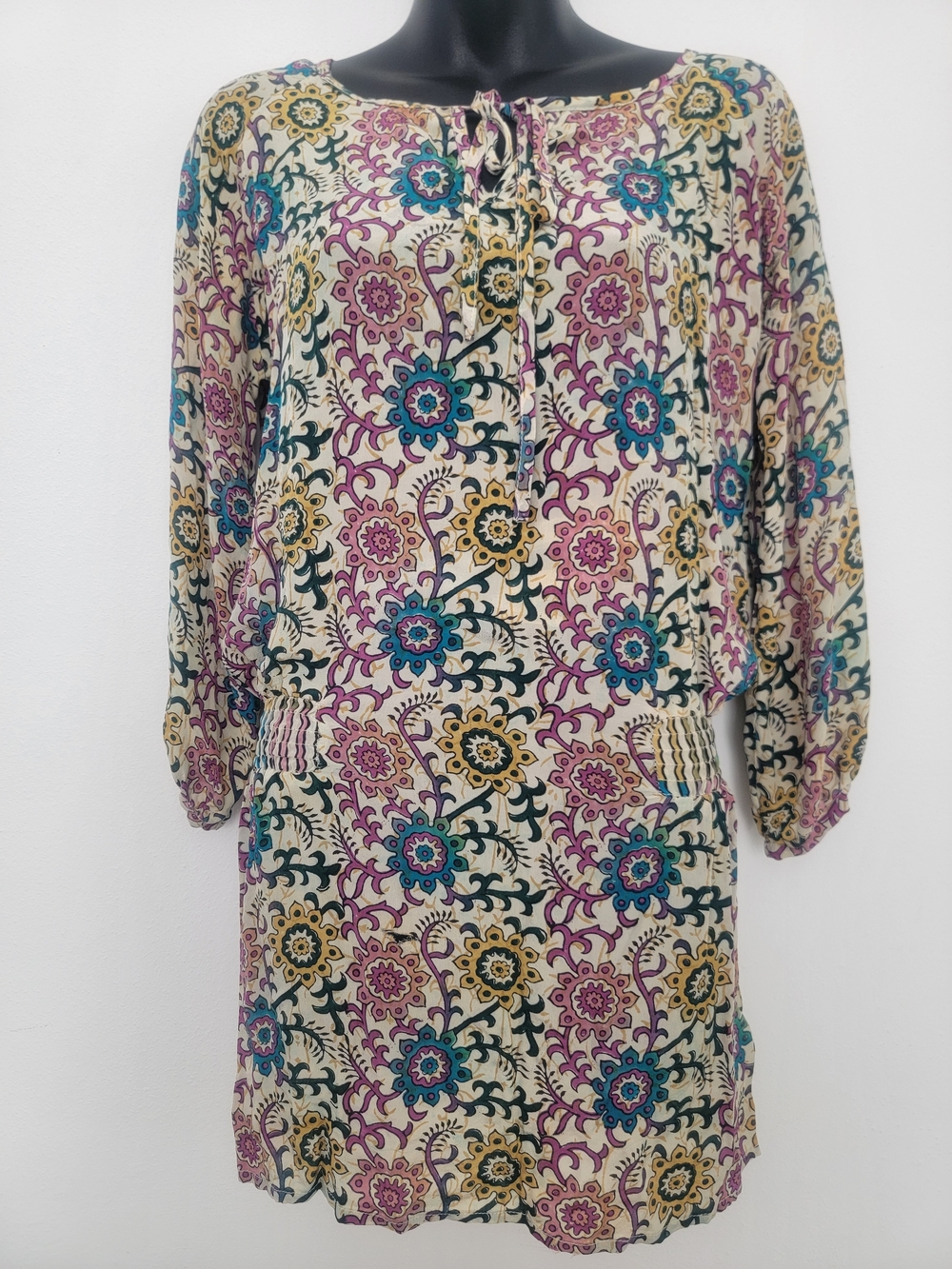 Bohemian Floral Tie-Neck Mini Dress - Cream Multi